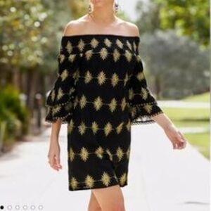 Boston Proper Black and Gold Off-Shoulder Mini Dress